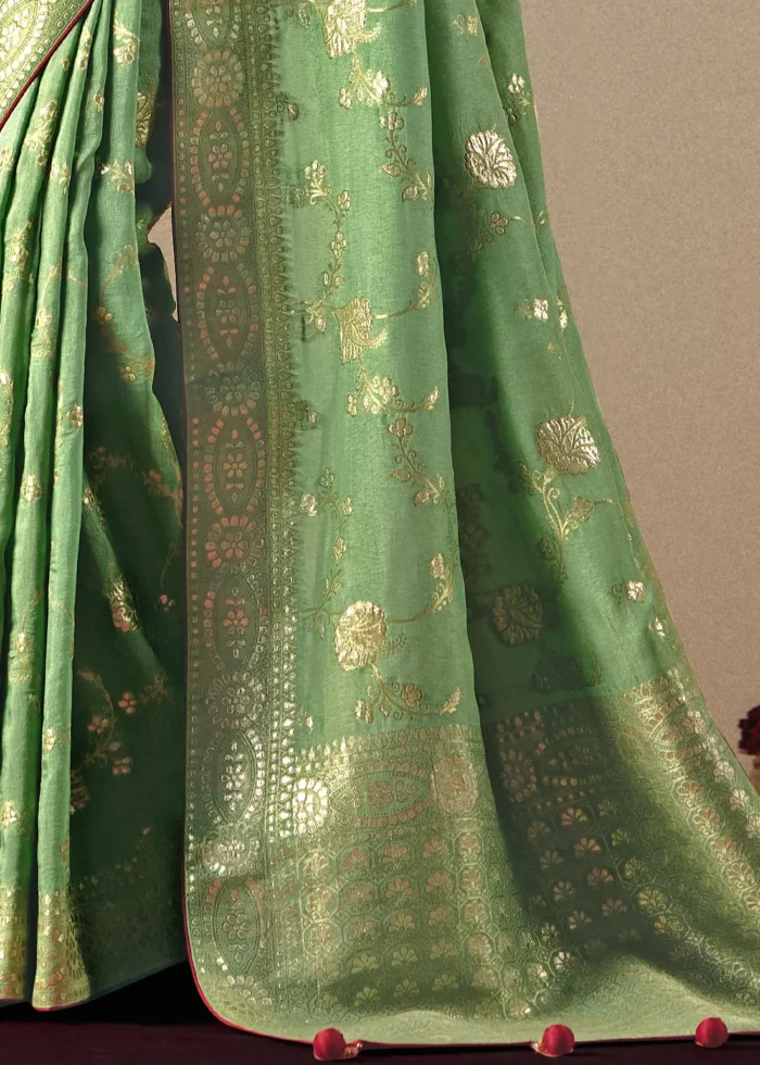 Leaf Green Dola Silk Banarasi Saree with Pink Blouse