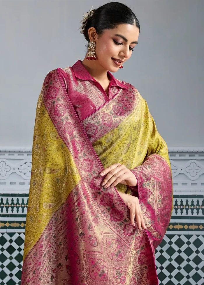 Lemon Yellow Kanjivaram Silk Saree with Meenakari Work