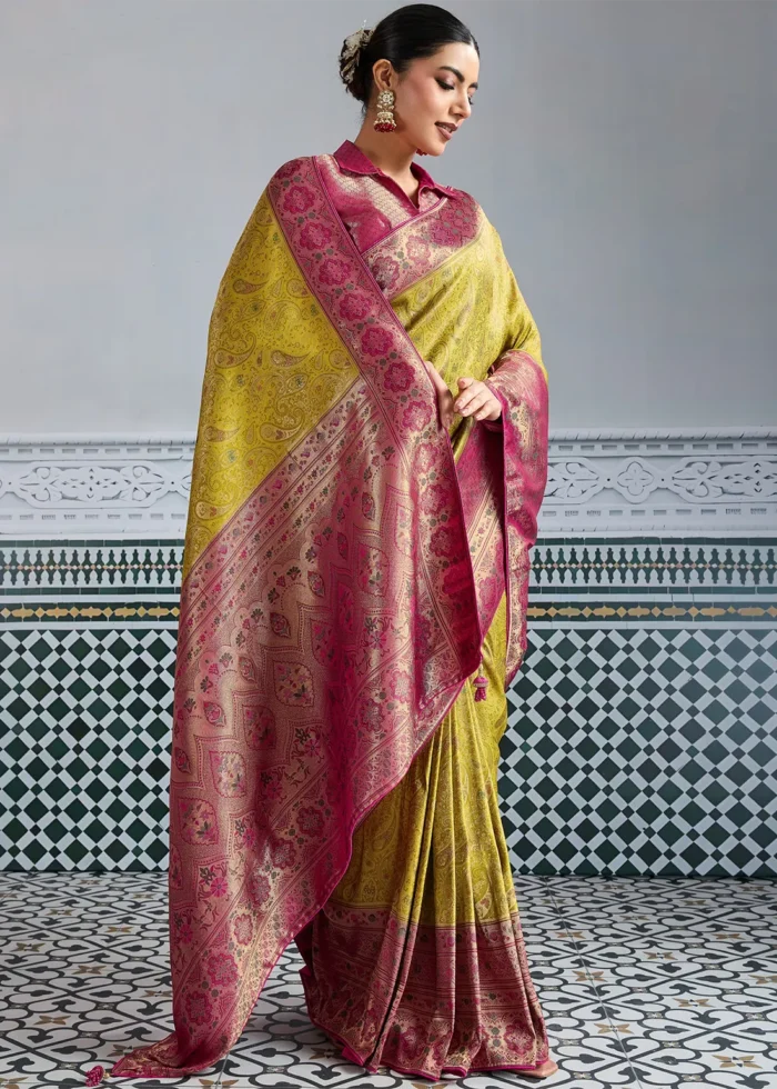 Lemon Yellow Kanjivaram Silk Saree with Meenakari Work