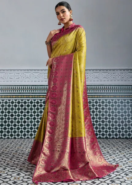 Lemon Yellow Kanjivaram Silk Saree with Meenakari Work