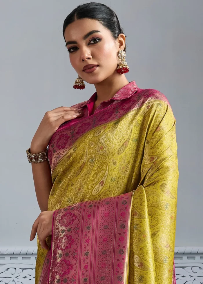 Lemon Yellow Kanjivaram Silk Saree with Meenakari Work
