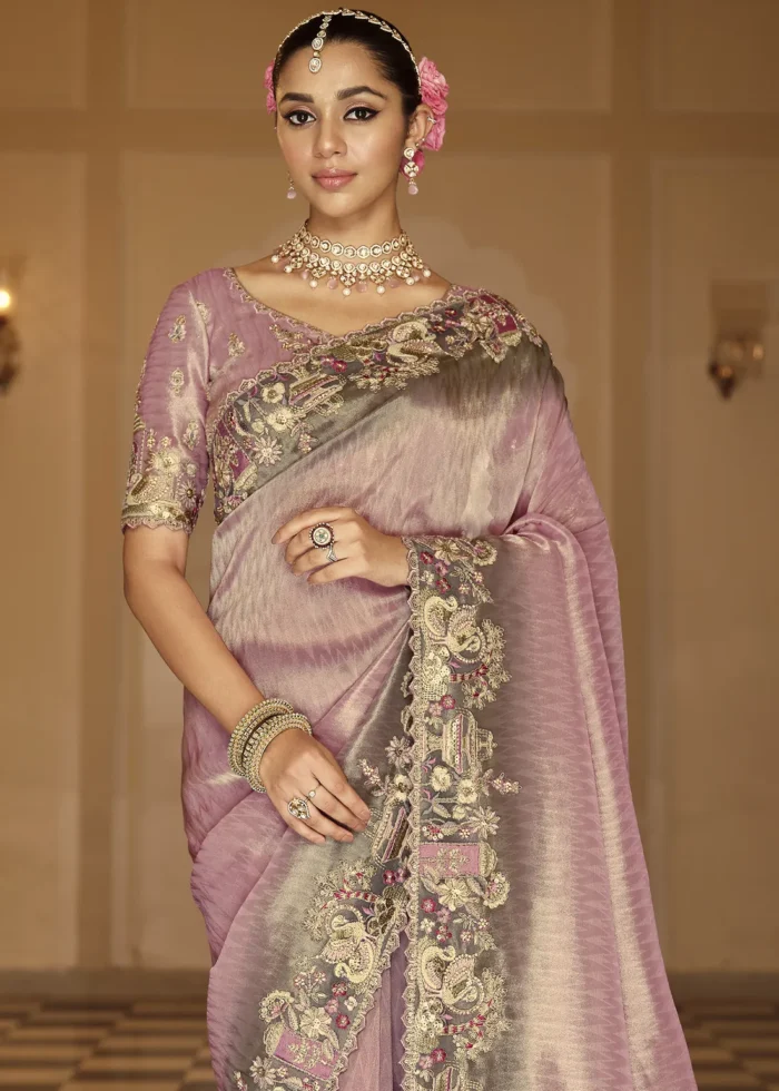 Lilac Purple Banarasi Silk Saree with Floral Embroidery