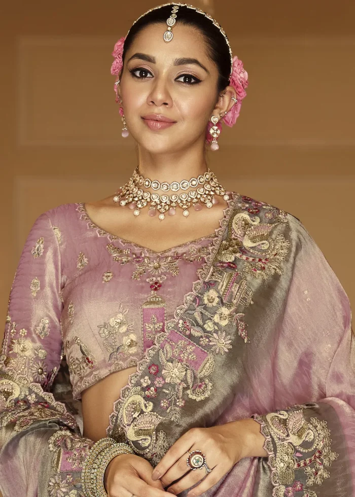 Lilac Purple Banarasi Silk Saree with Floral Embroidery