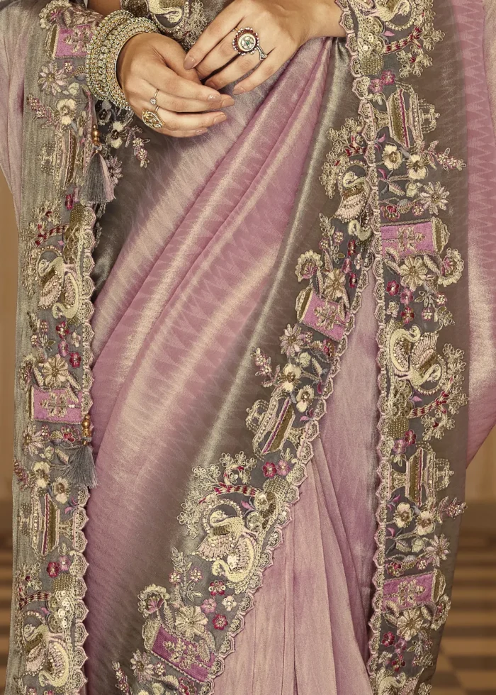 Lilac Purple Banarasi Silk Saree with Floral Embroidery