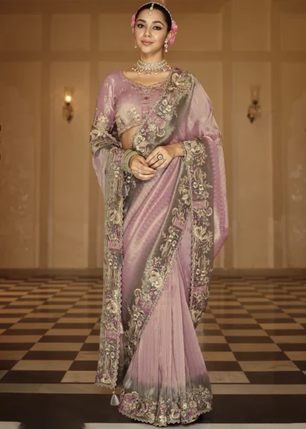 Lilac Purple Banarasi Silk Saree with Floral Embroidery