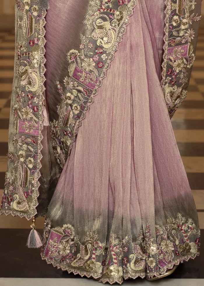 Lilac Purple Banarasi Silk Saree with Floral Embroidery