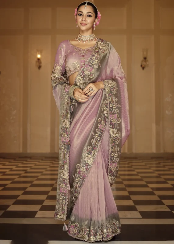 Lilac Purple Banarasi Silk Saree with Floral Embroidery