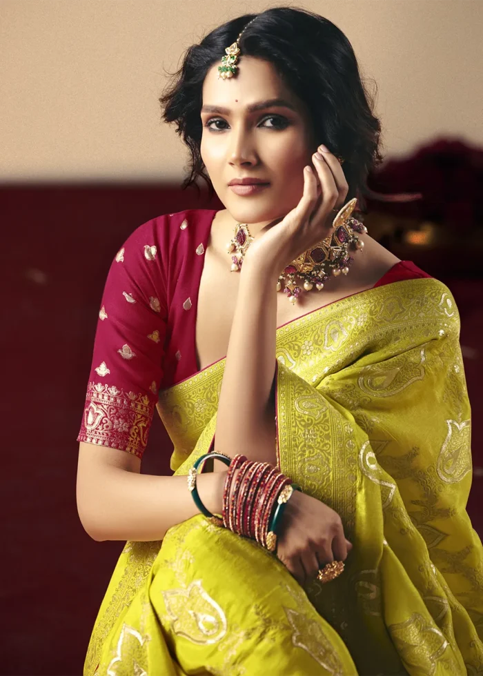 Lime Yellow Dola Silk Banarasi Saree with Red Blouse