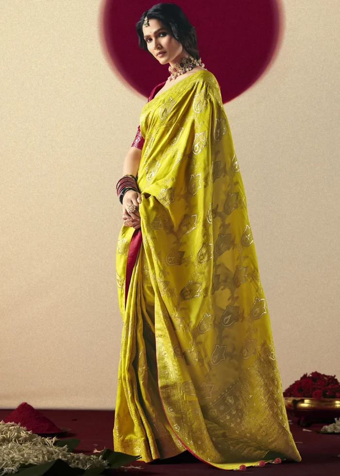 Lime Yellow Dola Silk Banarasi Saree with Red Blouse