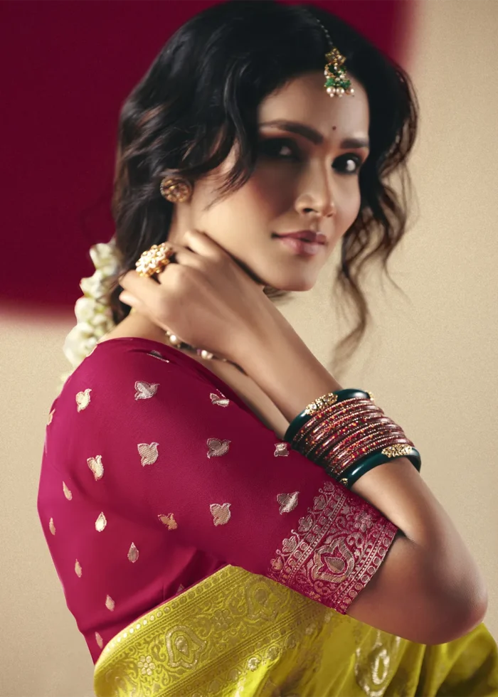 Lime Yellow Dola Silk Banarasi Saree with Red Blouse