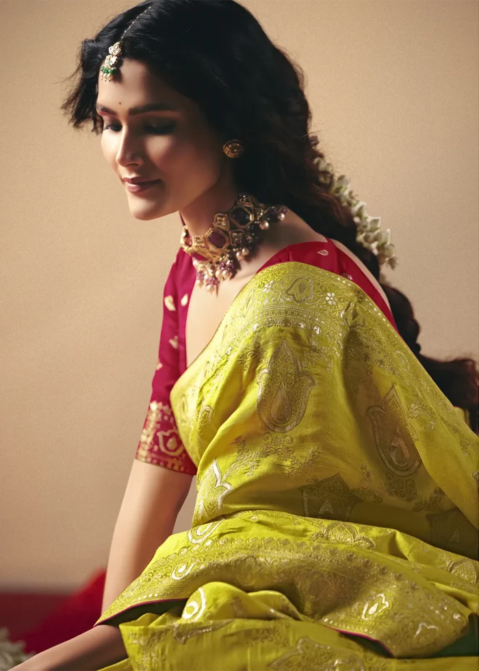Lime Yellow Dola Silk Banarasi Saree with Red Blouse