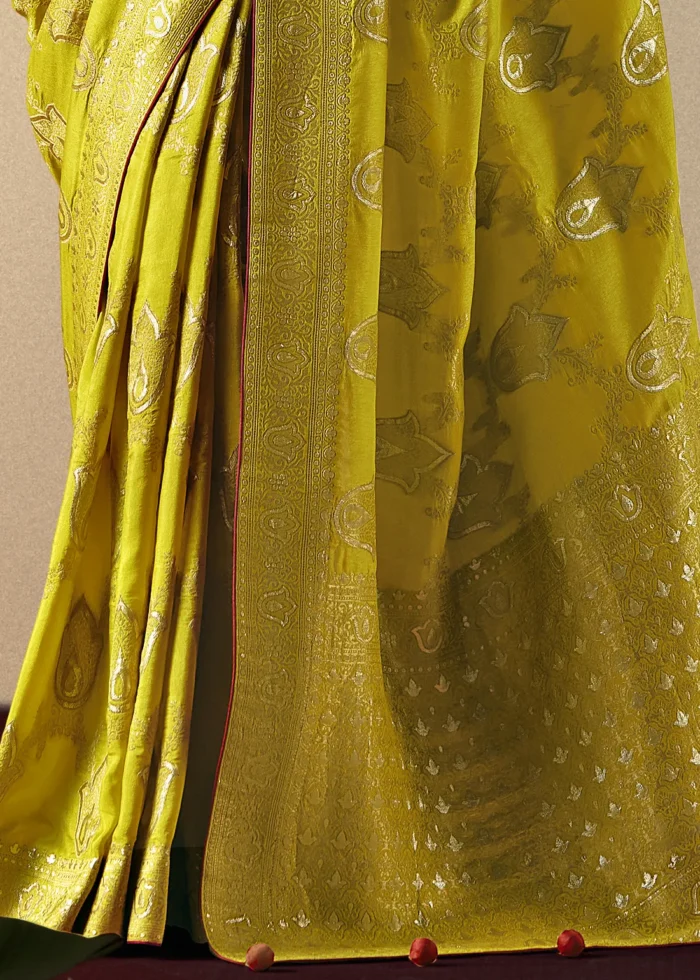 Lime Yellow Dola Silk Banarasi Saree with Red Blouse