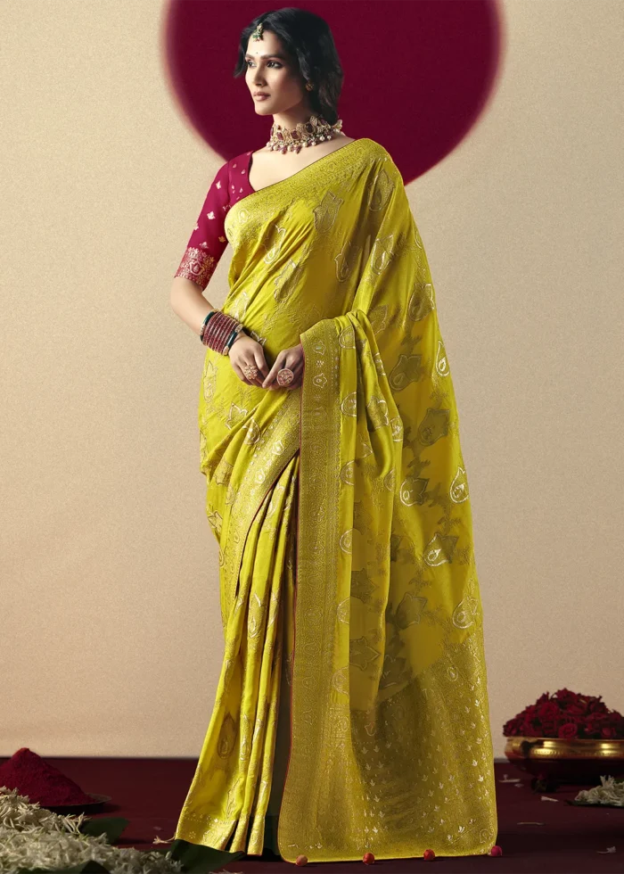 Lime Yellow Dola Silk Banarasi Saree with Red Blouse