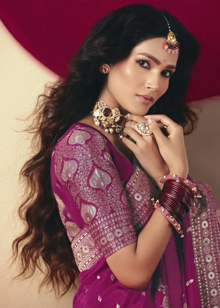 Magenta Dola Silk Banarasi Saree with Golden Zari Motifs