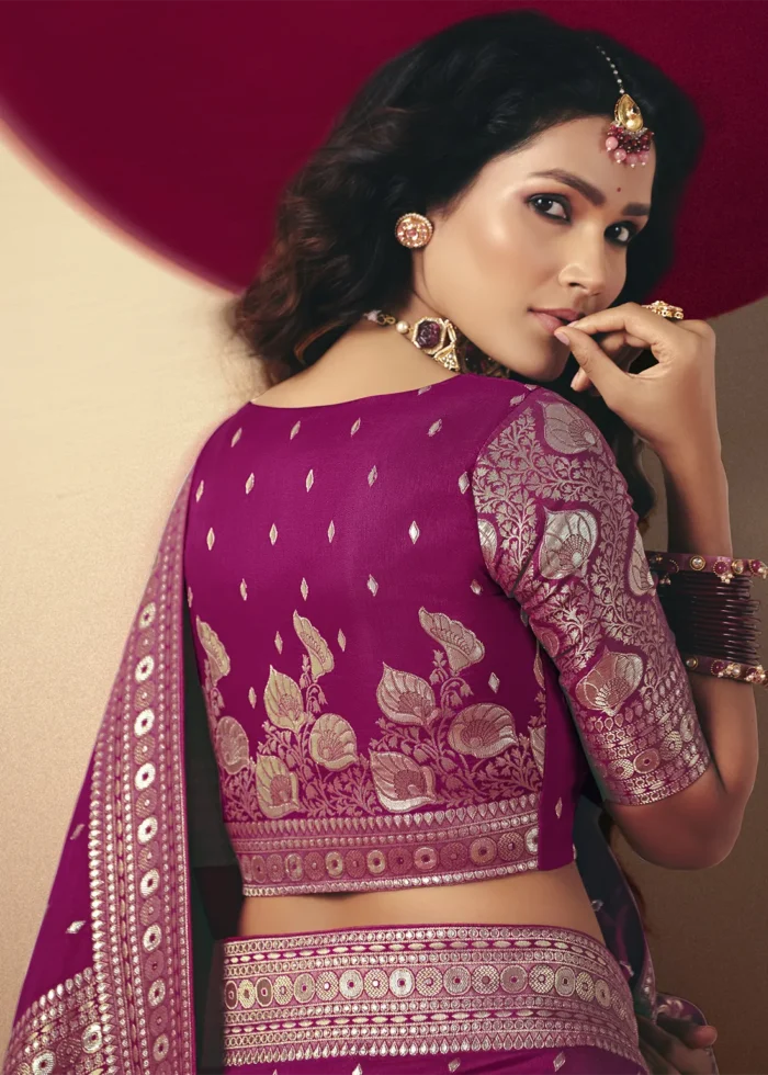 Magenta Dola Silk Banarasi Saree with Golden Zari Motifs