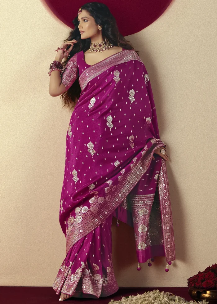Magenta Dola Silk Banarasi Saree with Golden Zari Motifs