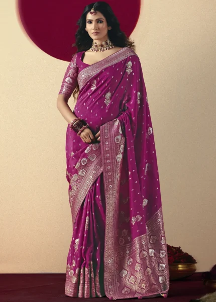 Magenta Dola Silk Banarasi Saree with Golden Zari Motifs