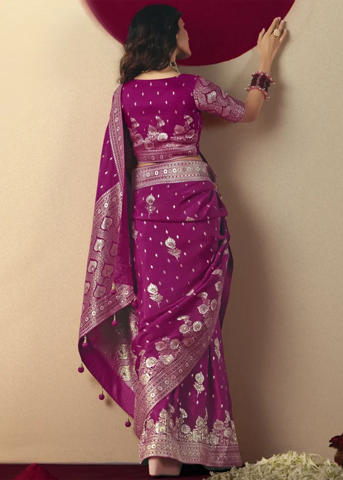 Magenta Dola Silk Banarasi Saree with Golden Zari Motifs