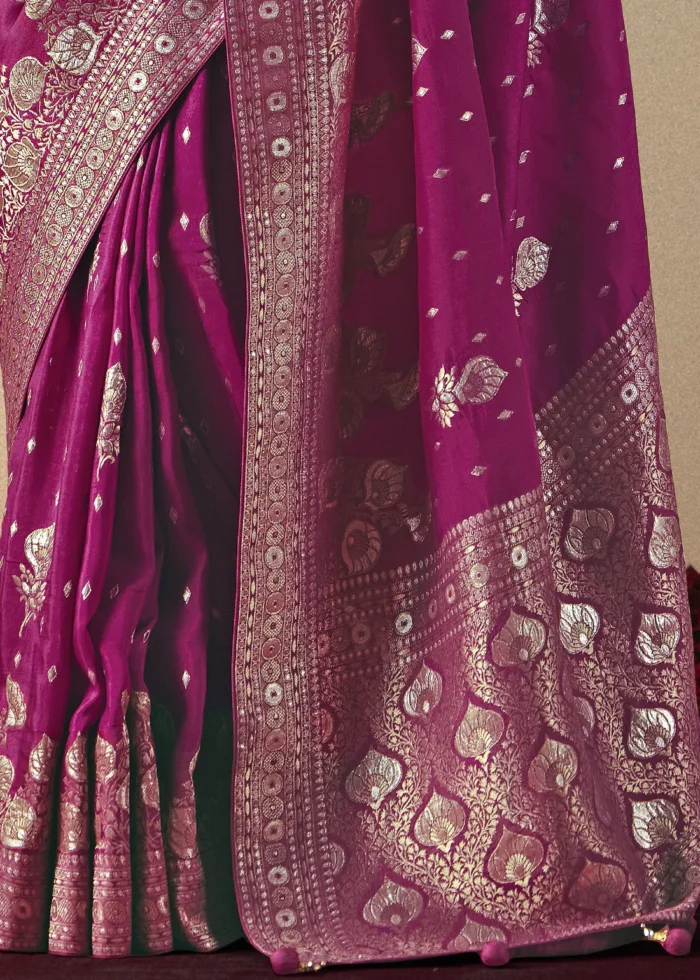 Magenta Dola Silk Banarasi Saree with Golden Zari Motifs