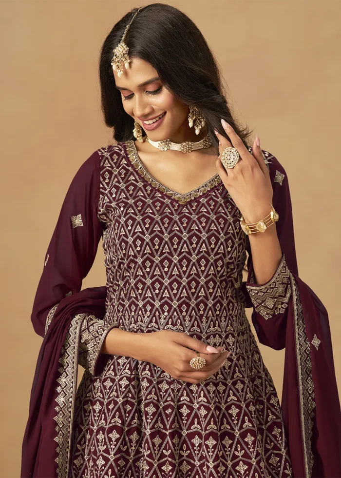 Maroon Georgette Palazzo Suit with Embroidery