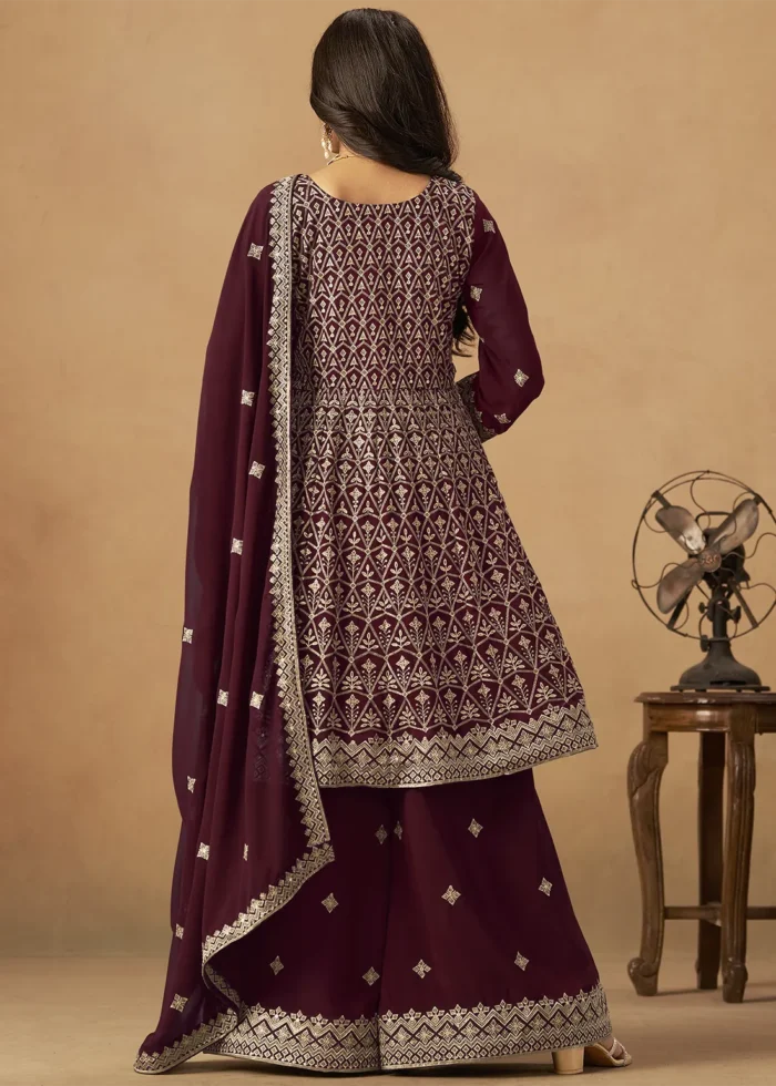 Maroon Georgette Palazzo Suit with Embroidery