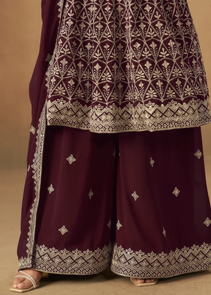 Maroon Georgette Palazzo Suit with Embroidery