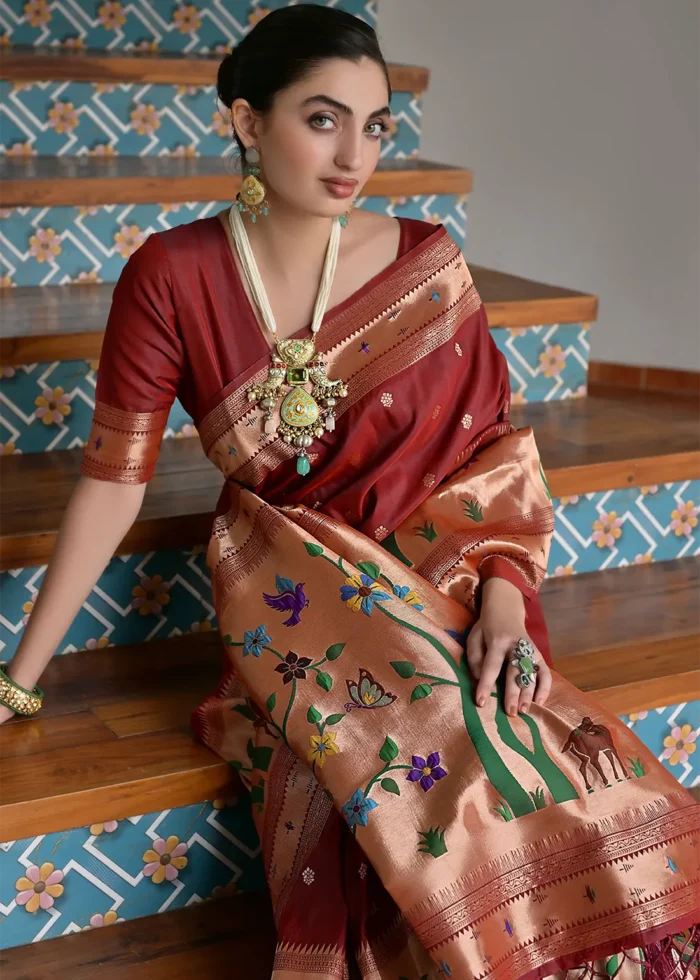 Maroon Paithani Silk Saree with Zari Woven Motifs
