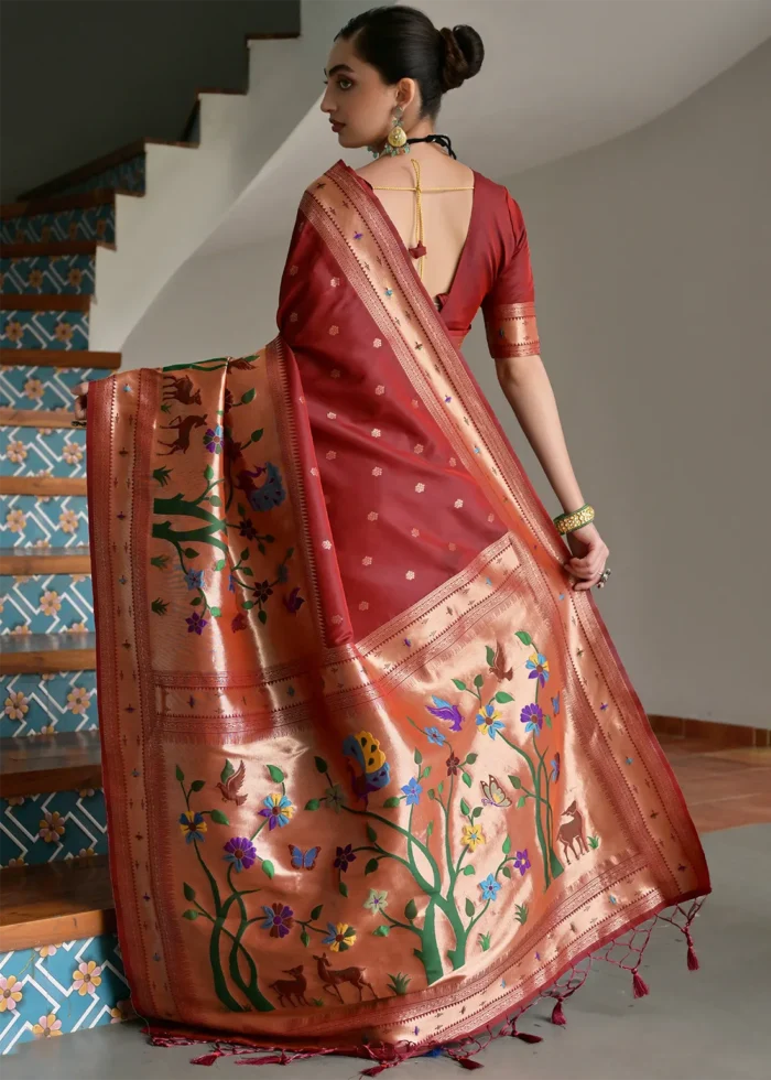 Maroon Paithani Silk Saree with Zari Woven Motifs