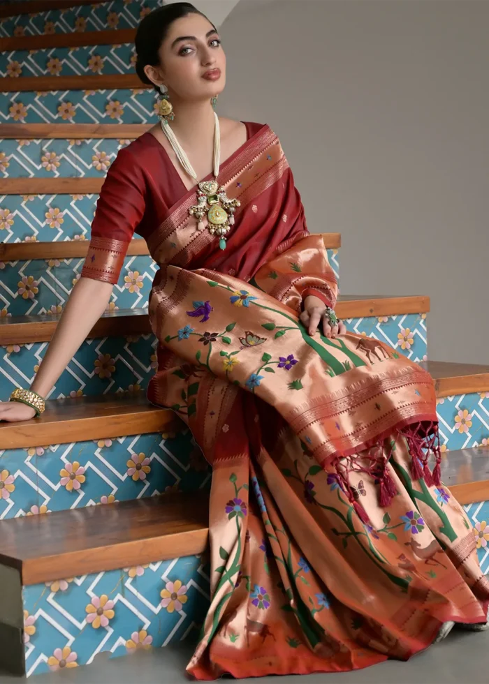 Maroon Paithani Silk Saree with Zari Woven Motifs