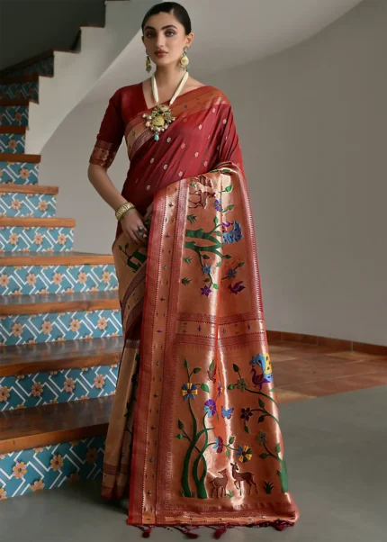 Maroon Paithani Silk Saree with Zari Woven Motifs
