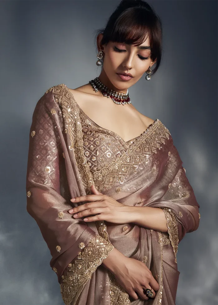 Mauve Brown Embroidered Organza Saree for Wedding