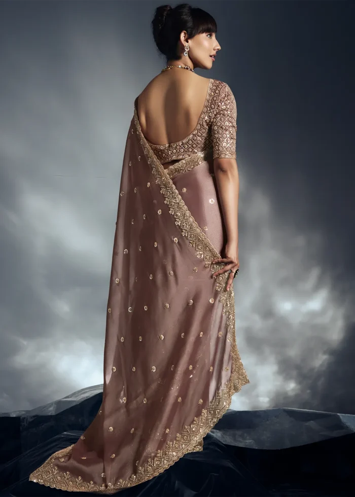 Mauve Brown Embroidered Organza Saree for Wedding