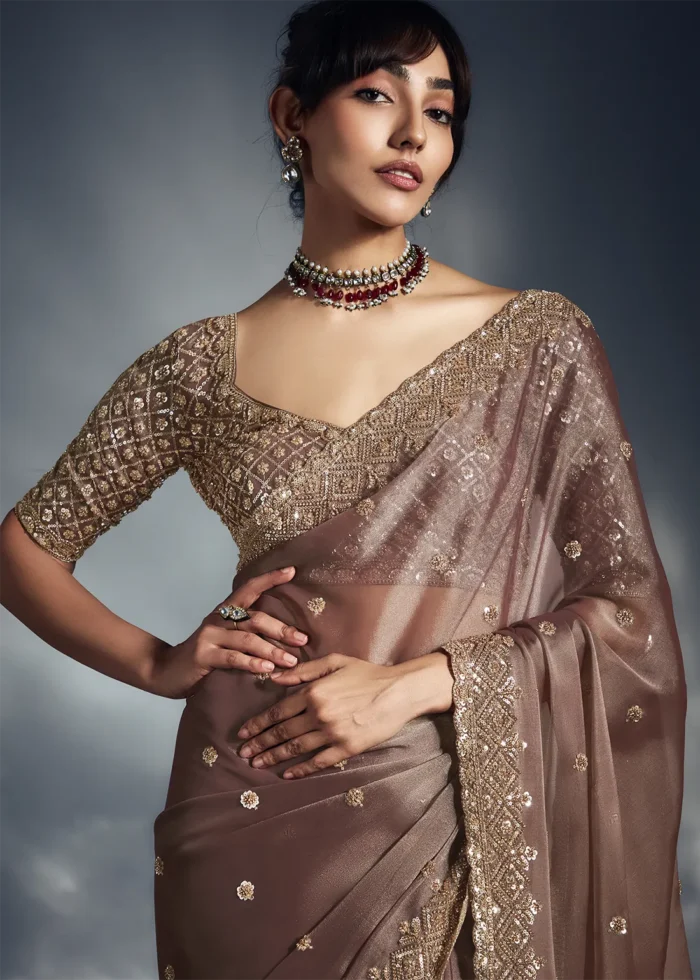 Mauve Brown Embroidered Organza Saree for Wedding