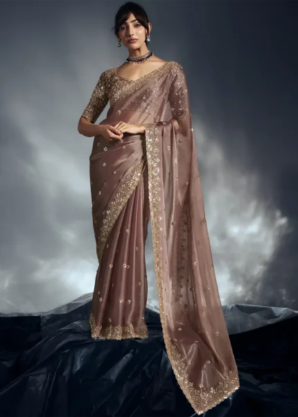 Mauve Brown Embroidered Organza Saree for Wedding