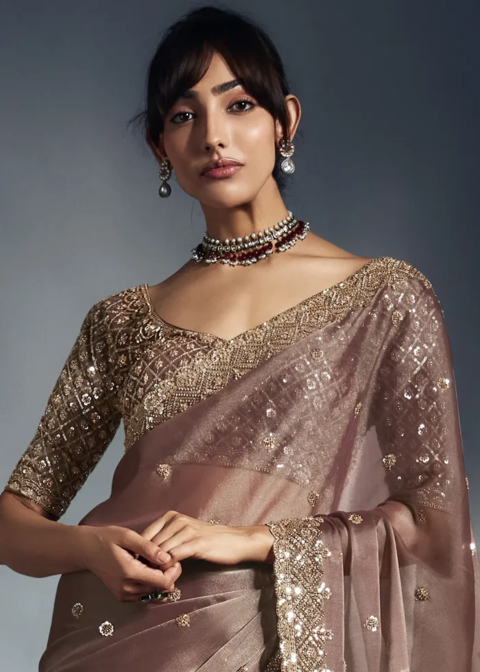 Mauve Brown Embroidered Organza Saree for Wedding