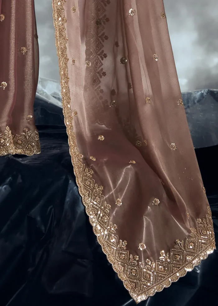 Mauve Brown Embroidered Organza Saree for Wedding