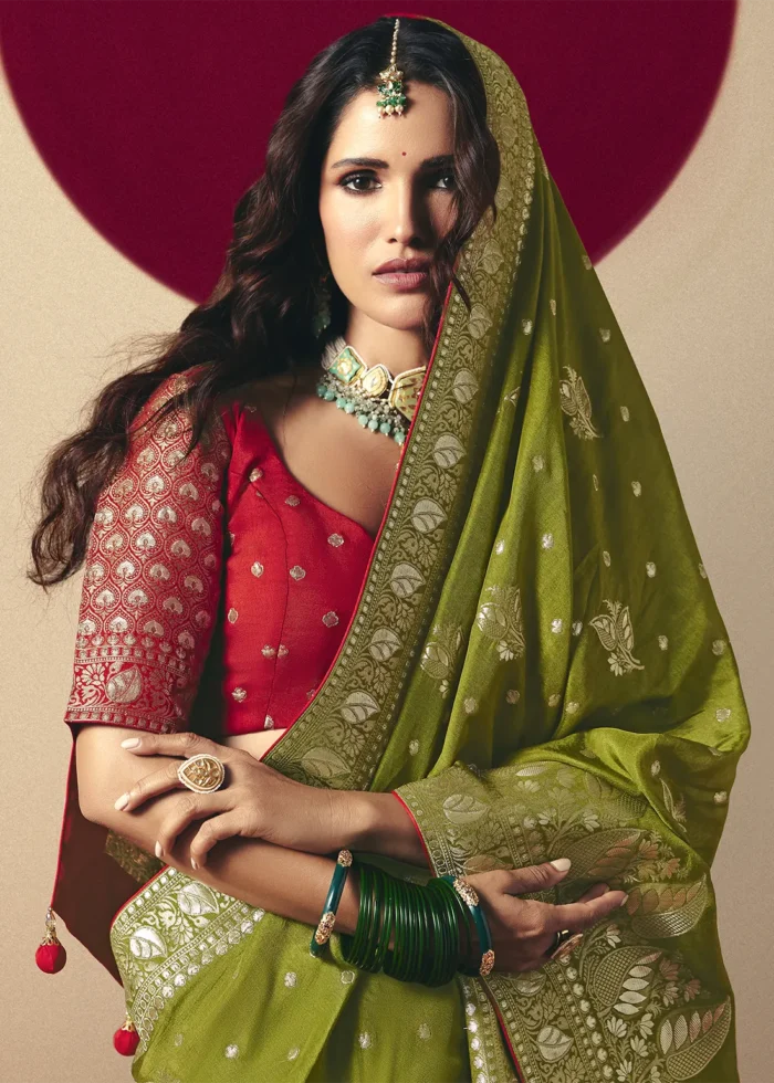 Mehendi Green Dola Silk Banarasi Saree with Red Blouse