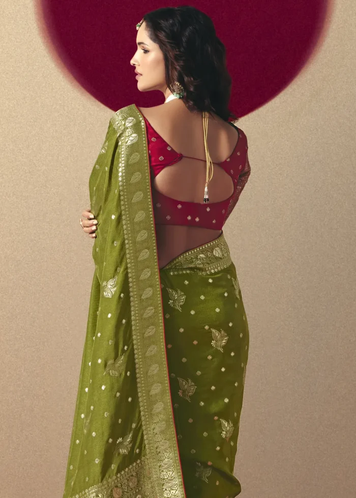 Mehendi Green Dola Silk Banarasi Saree with Red Blouse