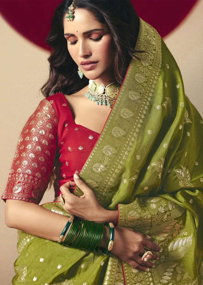 Mehendi Green Dola Silk Banarasi Saree with Red Blouse