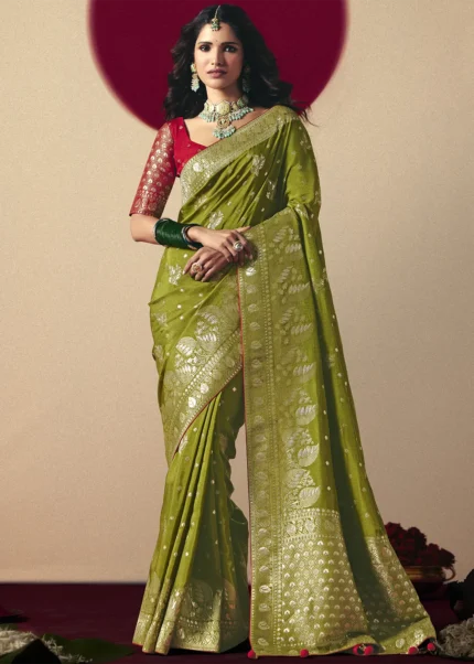 Mehendi Green Dola Silk Banarasi Saree with Red Blouse