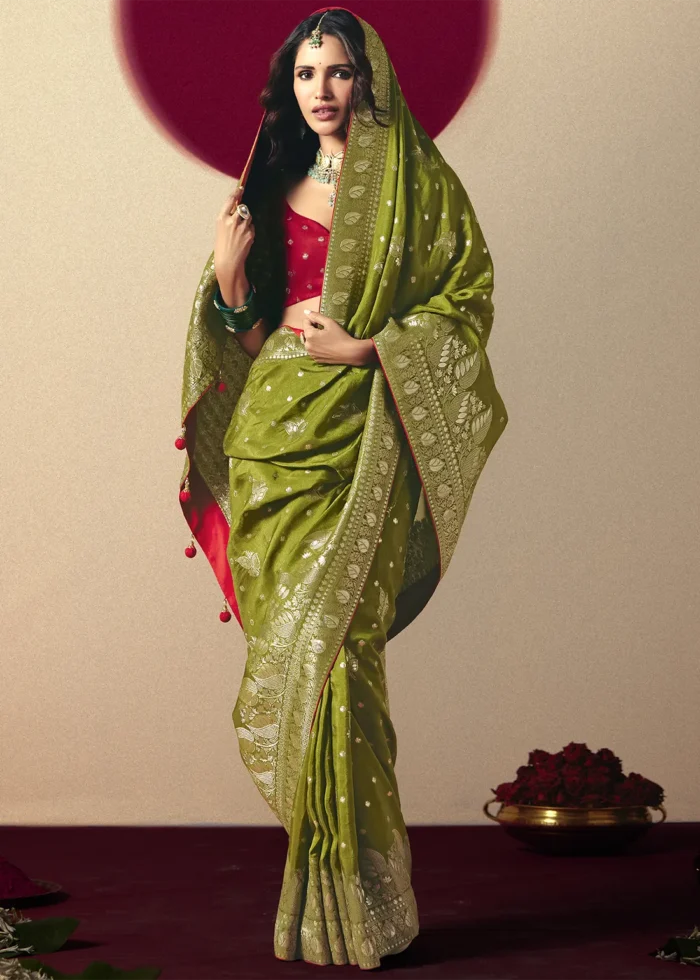 Mehendi Green Dola Silk Banarasi Saree with Red Blouse