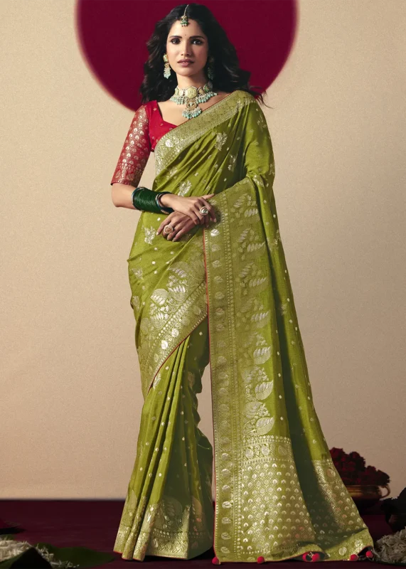 Mehendi Green Dola Silk Banarasi Saree with Red Blouse