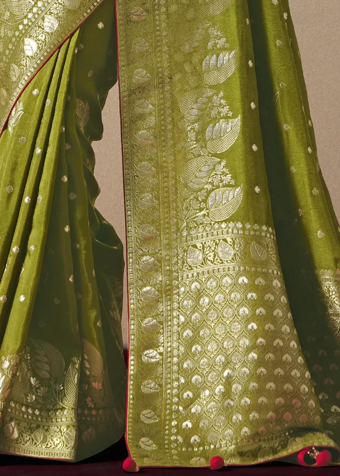 Mehendi Green Dola Silk Banarasi Saree with Red Blouse