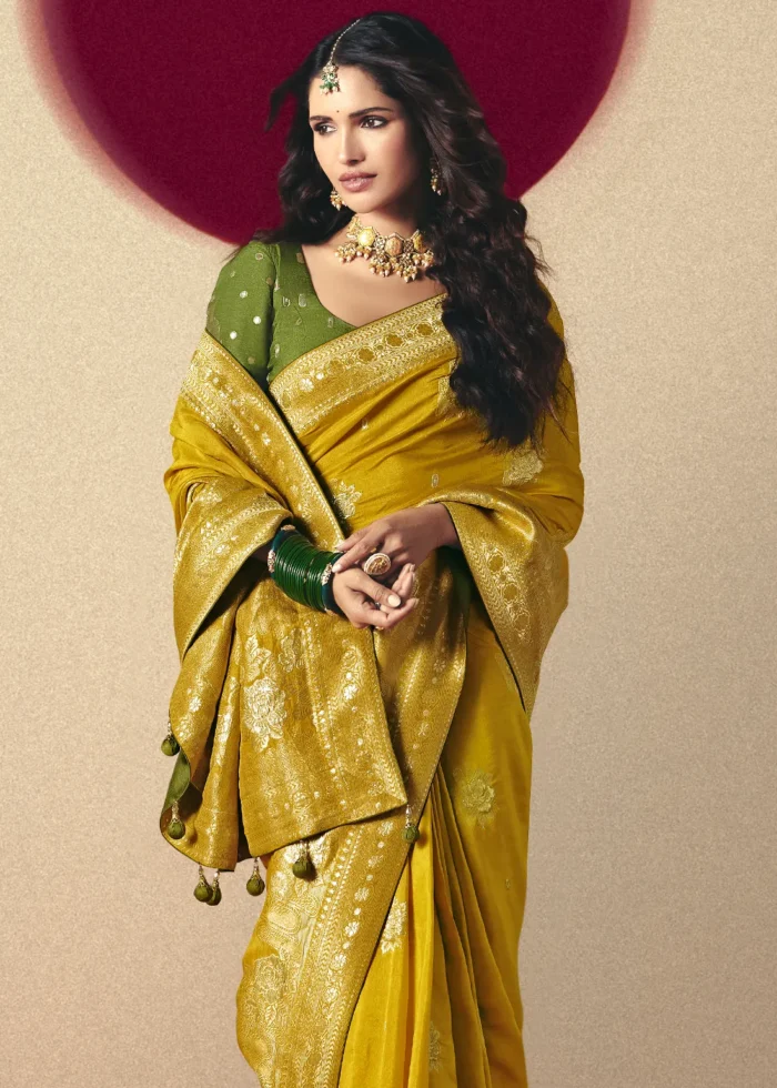 Mustard Yellow Dola Silk Banarasi Saree with Green Blouse