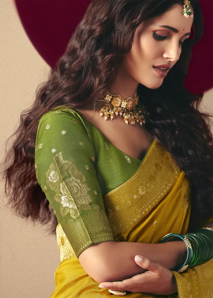Mustard Yellow Dola Silk Banarasi Saree with Green Blouse