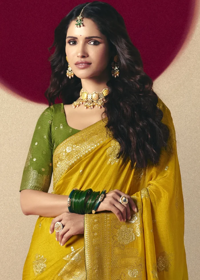 Mustard Yellow Dola Silk Banarasi Saree with Green Blouse
