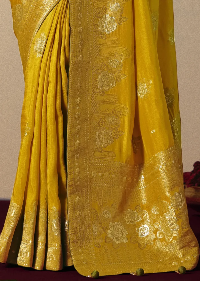 Mustard Yellow Dola Silk Banarasi Saree with Green Blouse