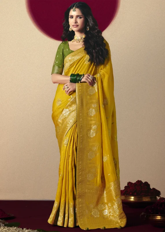 Mustard Yellow Dola Silk Banarasi Saree with Green Blouse