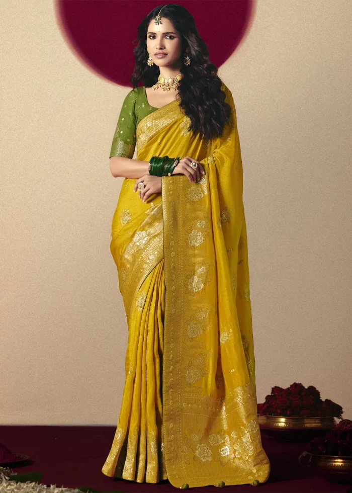 Mustard Yellow Dola Silk Banarasi Saree with Green Blouse