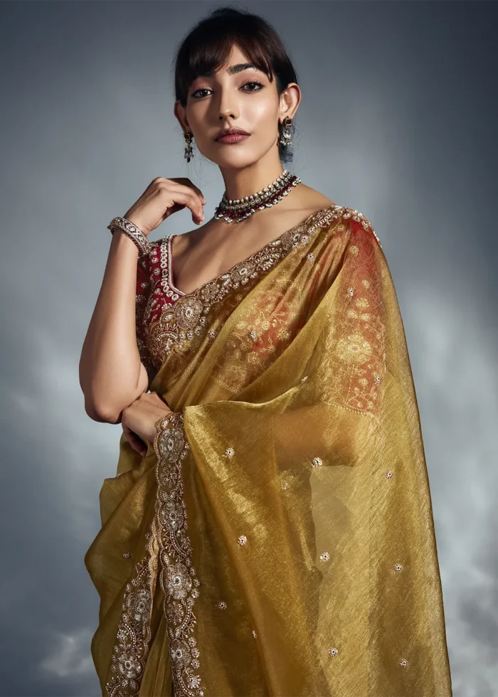Mustard Yellow Embroidered Organza Saree for Wedding